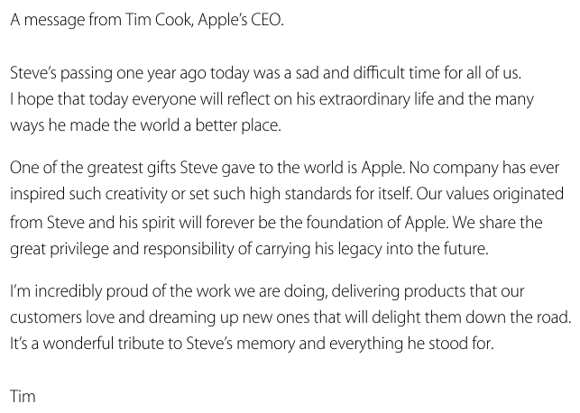 Tim Cook tribute letter to Steve Jobs